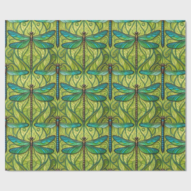 Papel De Regalo Patrón de libélula repetido en verde  (Superficie plana)