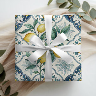Papel De Regalo Patrón de limón country francés de baldosa azul