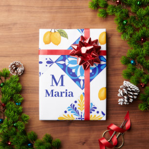 Papel De Regalo Patrón de limón de país francés azul Monograma nom