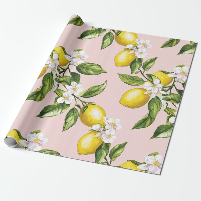 Papel De Regalo Patrón de limón y flores de época sobre rosa (2) (Desenrollado)