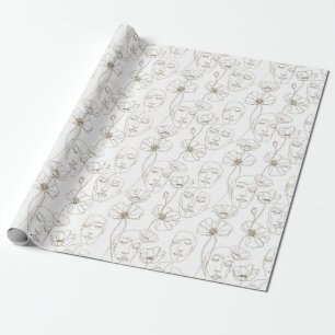 Papel De Regalo Patrón de línea de cara floral vintage en blanco y