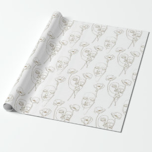 Papel De Regalo Patrón de línea de cara floral vintage en blanco y