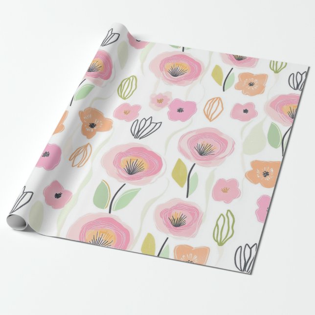 Papel De Regalo Patrón de línea floral abstracto moderno (2) (Desenrollado)