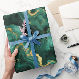 Papel De Regalo Patrón de líquido de mármol verde esmeralda y dora