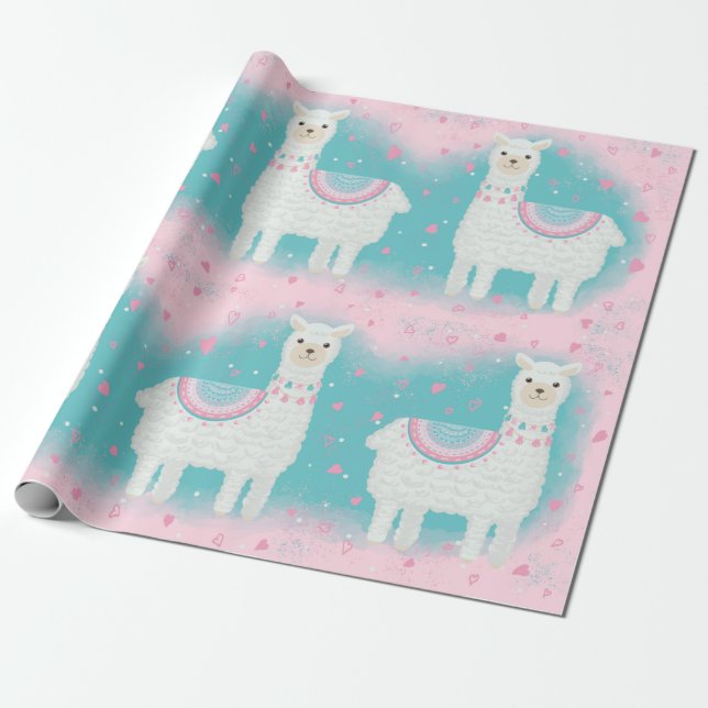 Papel De Regalo Patrón de llama rosa y menta (Desenrollado)
