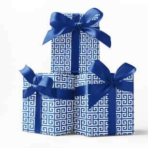 Papel De Regalo Patrón de llave griega de cobalto y blanco