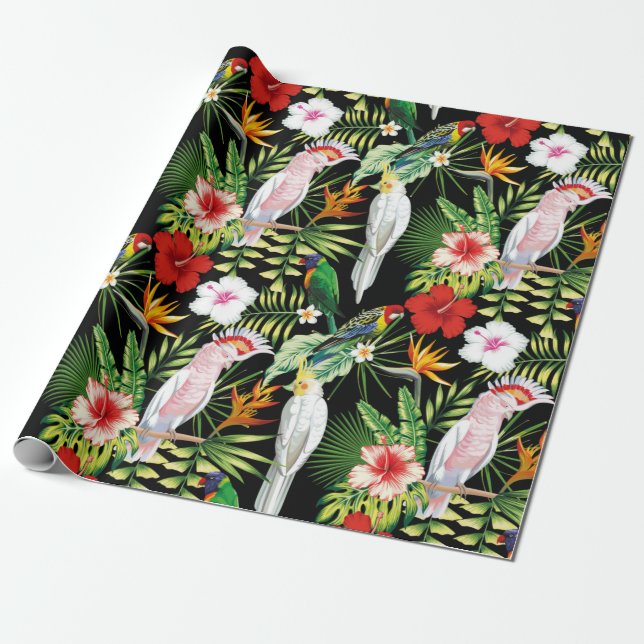 Papel De Regalo Patrón de loro y macao con plantas tropicales (Desenrollado)