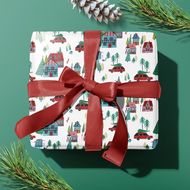 Papel De Regalo Patrón de los Navidades de los pueblos nórdicos (Cute Nordic skating Village Christmas Pattern Wrapping Paper)
