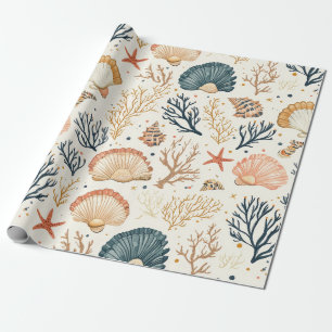 Papel De Regalo Patrón de lujo costero con conchas azules y coral