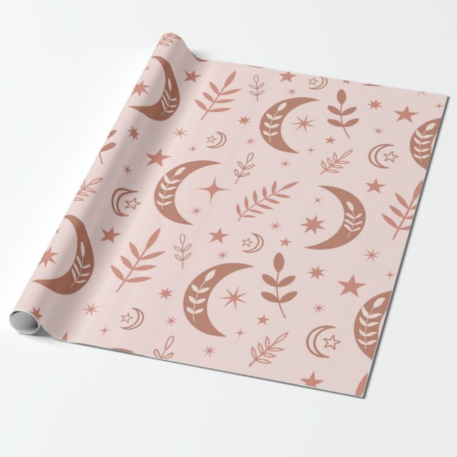 Papel De Regalo Patrón de Luna Boho Marrón Terroso (Desenrollado)