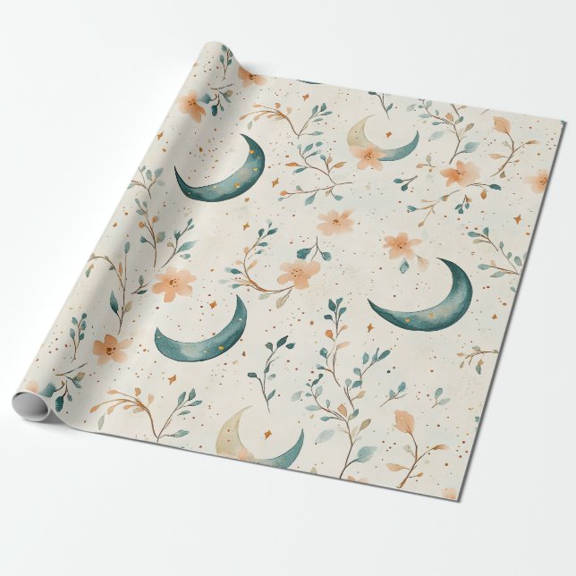 Papel De Regalo Patrón de Luna Floral Celestial Boho (1) (Desenrollado)
