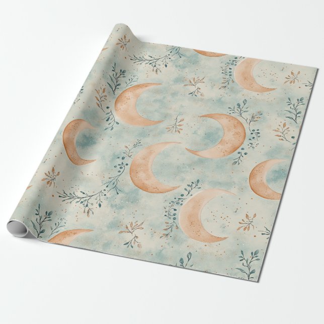 Papel De Regalo Patrón de Luna Floral Celestial Boho (8) (Desenrollado)