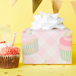 Papel De Regalo Patrón de magdalenas lindas de gingham rosa pastel