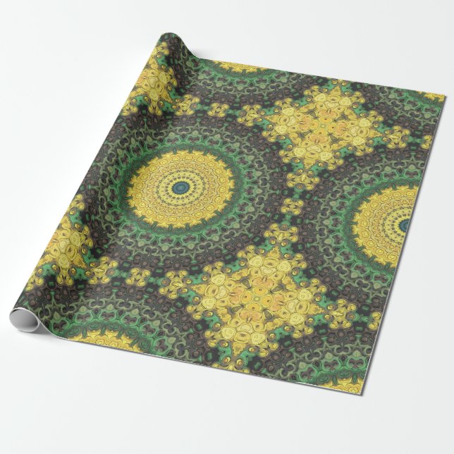Papel De Regalo Patrón de Mandala Caleidoscopio Amarillo y Verde (Desenrollado)