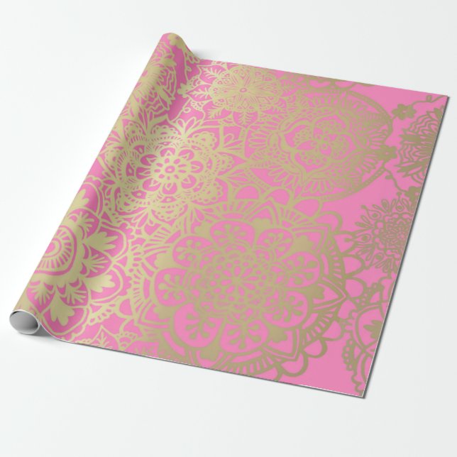 Papel De Regalo Patrón de Mandala rosa claro y dorado (Desenrollado)