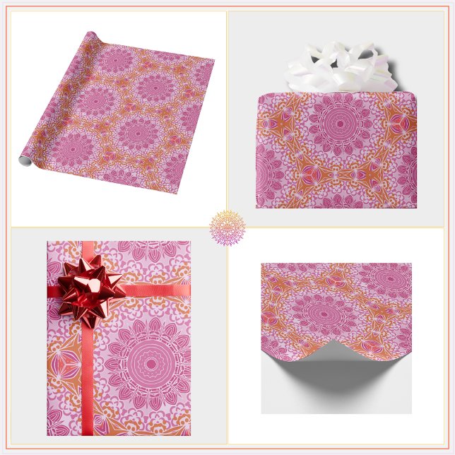 Papel De Regalo Patrón de Mandala rosa naranja (Cute, Girly, Pink and Orange Mandala Pattern with a Boho Vibe. Perfect for gift wrap!)
