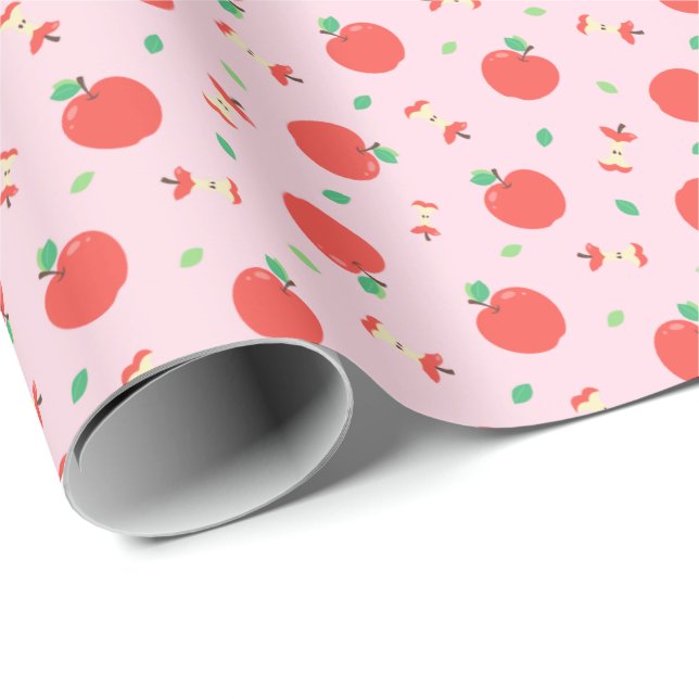 Papel De Regalo Patrón de manzana con fondo rosado (Esquina del rollo)