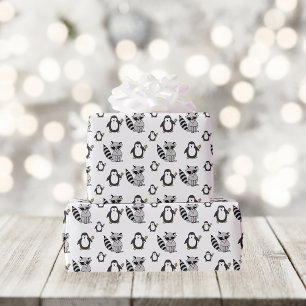 Papel De Regalo Patrón de mapache y pingüino divertidos