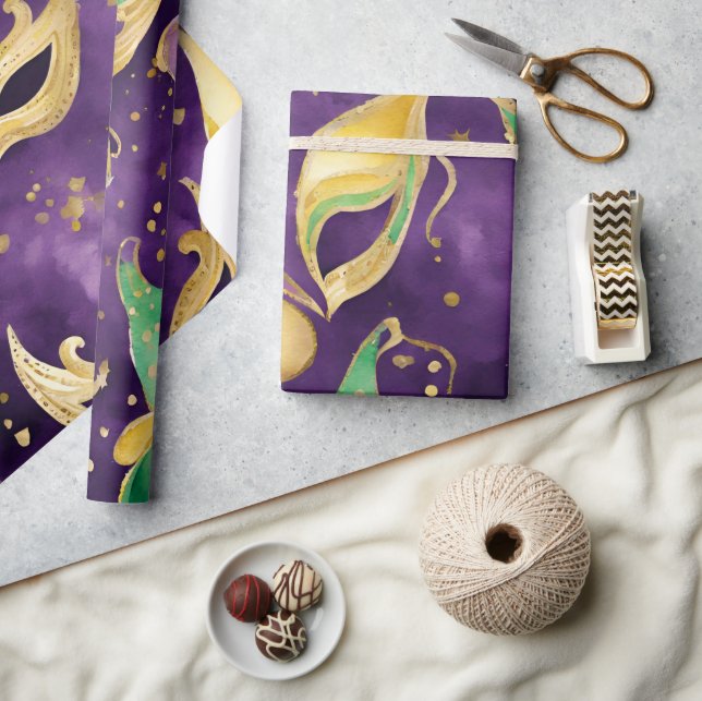 Papel De Regalo Patrón de mardi gras morado, verde y dorado (Artesanía)