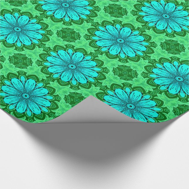 Papel De Regalo Patrón de margarita geométrica en turquesa y verde (Esquina)