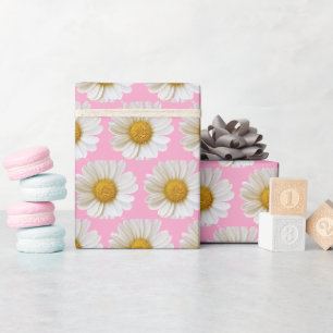 Papel De Regalo Patrón de margaritas blancas sobre fondo rosa
