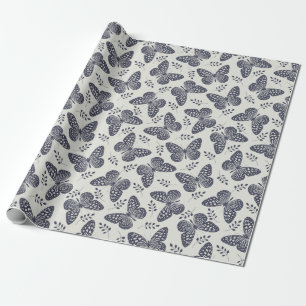 Papel De Regalo Patrón de mariposa azul oscuro sobre fondo gris