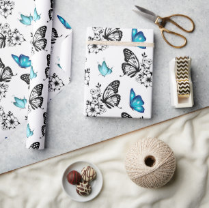 Papel De Regalo Patrón de mariposa botánica suave blanco
