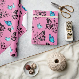 Papel De Regalo Patrón de mariposa floral cúrcuma rosa