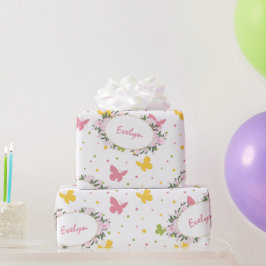 Papel De Regalo Patrón de mariposa pastel con flores y nombre