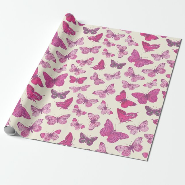 Papel De Regalo Patrón de mariposa rosada (Desenrollado)