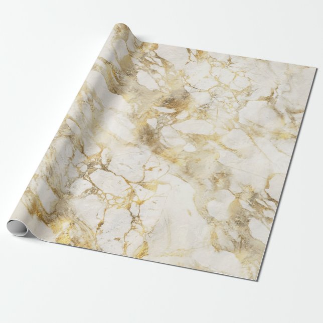 Papel De Regalo Patrón de mármol blanco y dorado moderno (Desenrollado)