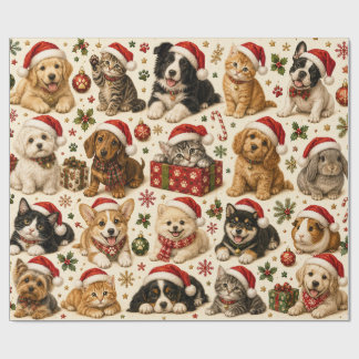 Papel De Regalo Patrón de mascotas con sombreros de Santa festivos