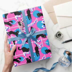 Papel De Regalo Patrón de Memphis Geométricos Rosa de los gatos de
