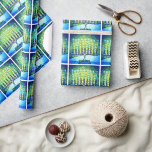 Papel De Regalo Patrón de Menorá Azul Verde Moderno de Janucá