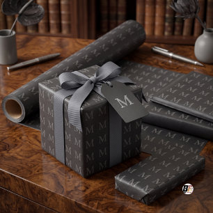 Papel De Regalo Patrón de monograma de cuero falso negro texturiza