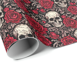 Papel De Regalo Patrón de mosaico de cráneo gótico y rosas rojas