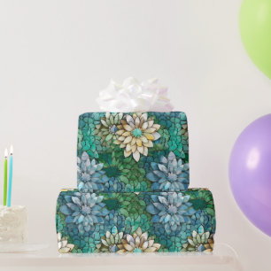 Papel De Regalo Patrón de mosaico de flores verdes y crema elegant