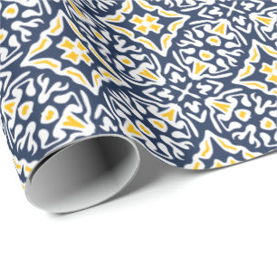 Papel De Regalo Patrón de mosaico español amarillo y naval