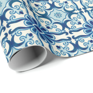 Papel De Regalo Patrón de mosaico floral azul de Azulejos portugué