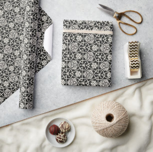 Papel De Regalo Patrón de mosaico floral geométrico negro y blanco