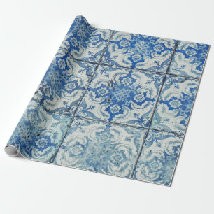 Papel De Regalo Patrón de mosaico portugués antiguo vintage - Azul
