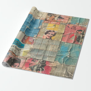 Papel De Regalo Patrón de mosaico vintage de periódico de mujeres