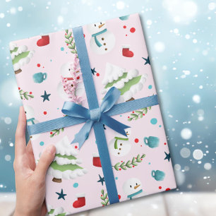 Papel De Regalo Patrón de muñeco de nieve rosa navideño adorable 