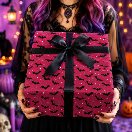 Papel De Regalo Patrón de murciélagos de Halloween rosa y negro