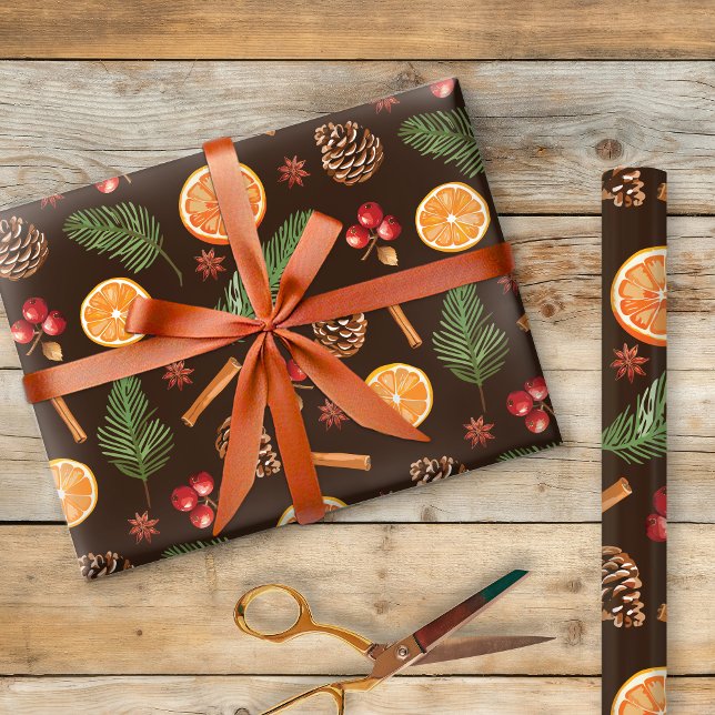 Papel De Regalo Patrón de Naranja de pino de pineconas botánicas r (Subido por el creador)