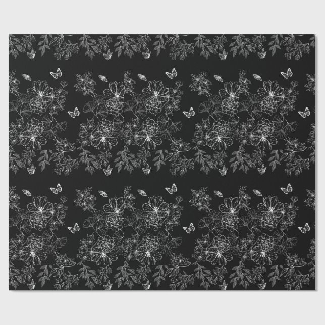Papel De Regalo Patrón de naturaleza floral en blanco y negro Mini (Superficie plana)