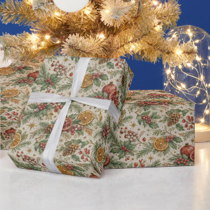 Papel De Regalo Patrón de Navidad Citrus Botánico Vintage Crema
