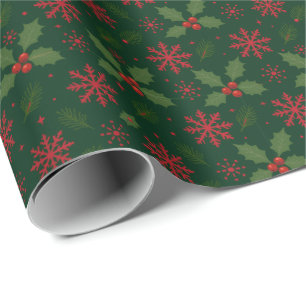 Papel De Regalo Patrón de Navidad de acebo y copos de nieve rojos