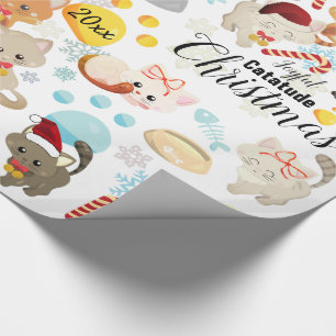 Papel De Regalo Patrón de Navidad de gatos lindos con huellas, tex