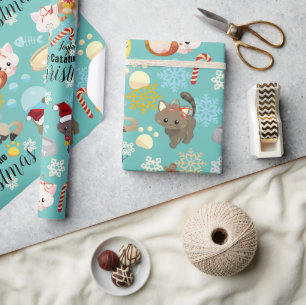 Papel De Regalo Patrón de Navidad de gatos lindos con patas y copo
